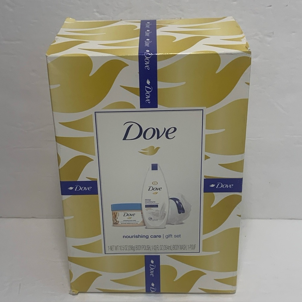 Dove Nourishing Body Care Gift Set 3 Pieces Body Wash Body Polish Pouf NIB